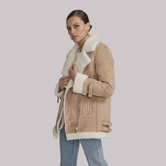 NEW Generation Love Size S, L - Nikita Faux Suede Shearling Jacket - Taupe/White - Picture 5 of 5